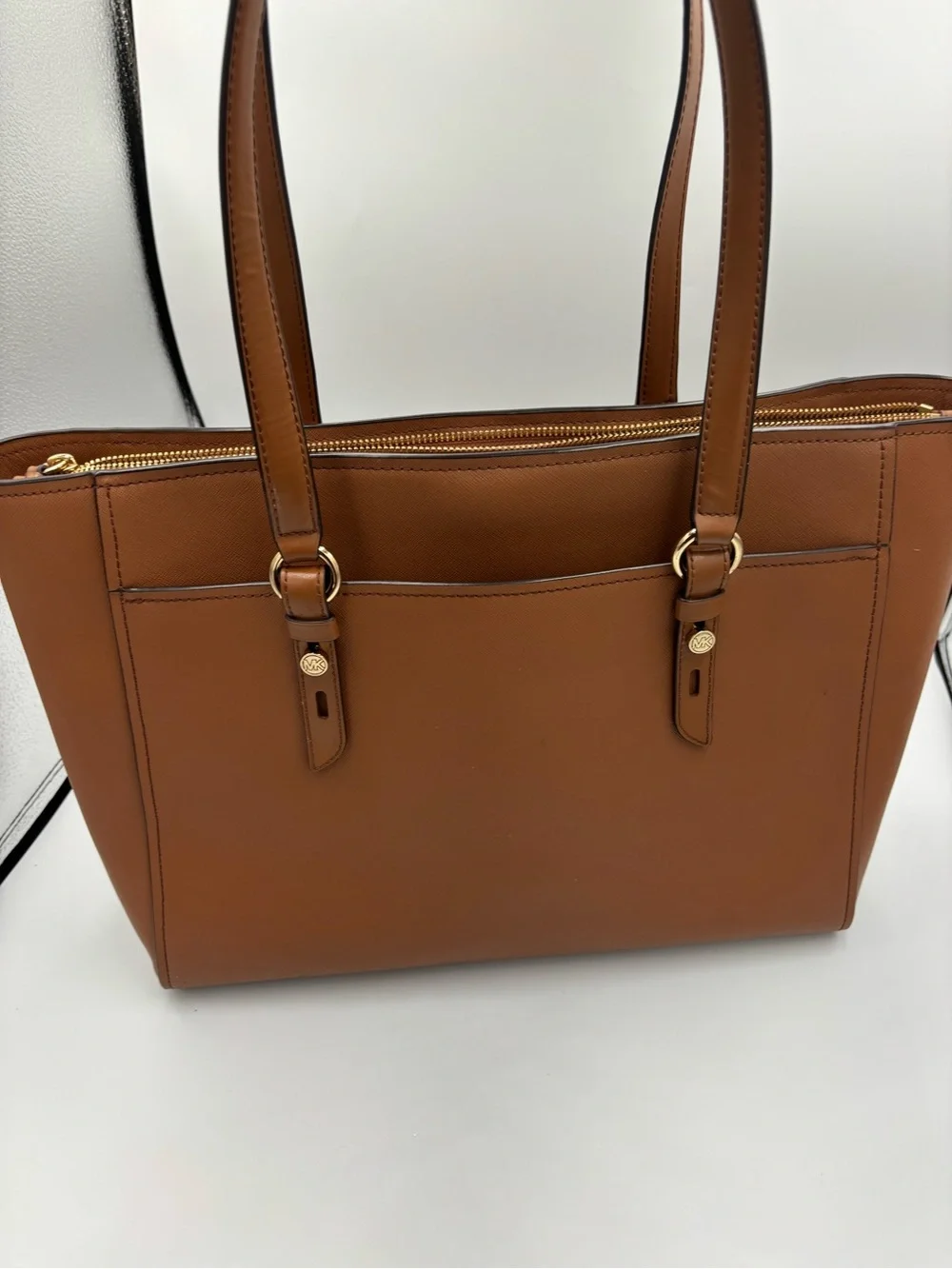 Michael Kors Large Brown Leather Tote Shoulder Bag Gold MK Charm Tassel